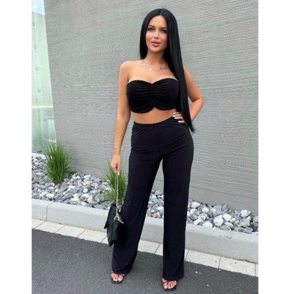 Tops - Black Ruched Strapless Crop Top and High Waist Wide Leg Pants Two Piece Set